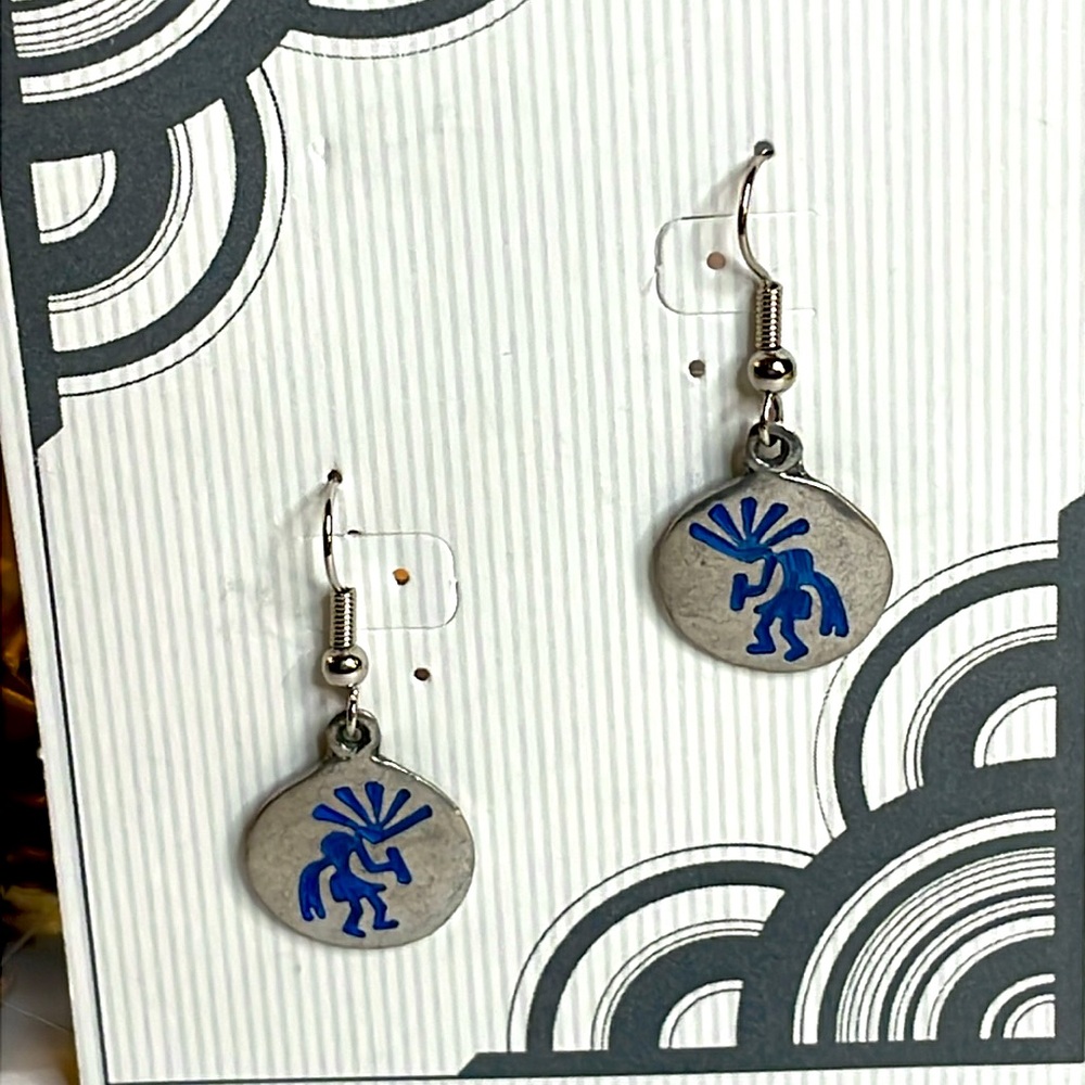 Kokopelli Pewter Pierced Earrings with Blue details.